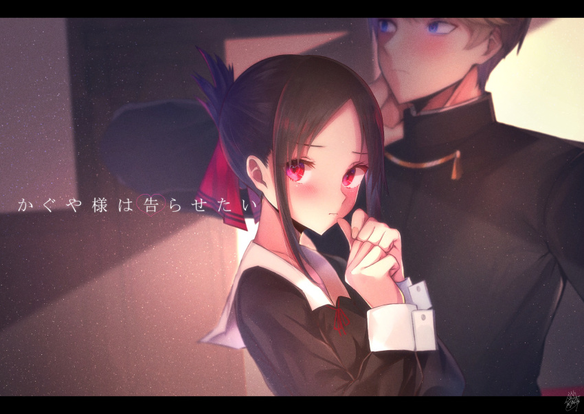1boy, 1girl, arm_up, bangs, black_hair, blonde_hair, blue_eyes, blush