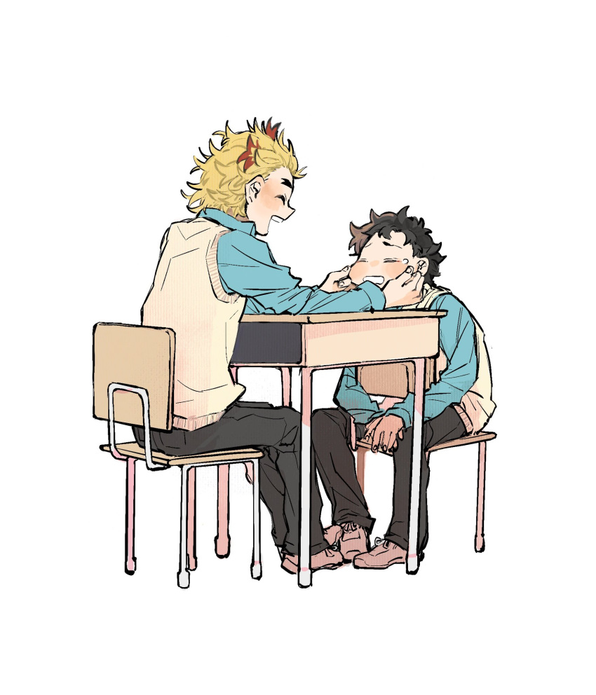 2boys, ^_^, au_(accounting2), black_hair, black_pants, blonde_hair, blue_shirt, blush