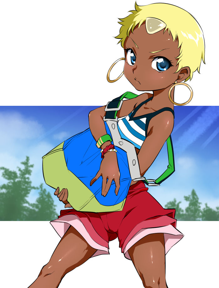 1girl, bikini, bikini_top_only, blonde_hair, blue_eyes, blue_sky, chat_(tales), closed_mouth