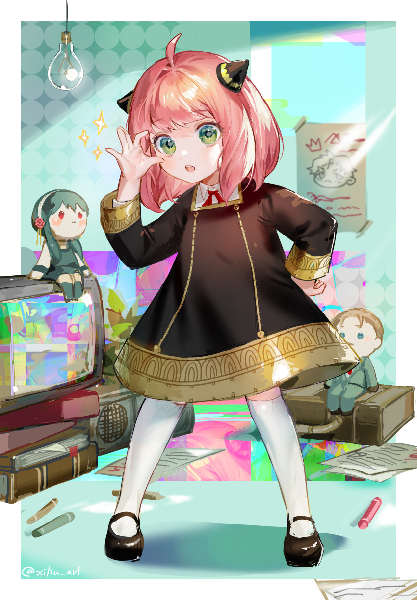 1girl, :o, \||/, absurdres, ahoge, anya_(spy_x_family), bangs, black_dress