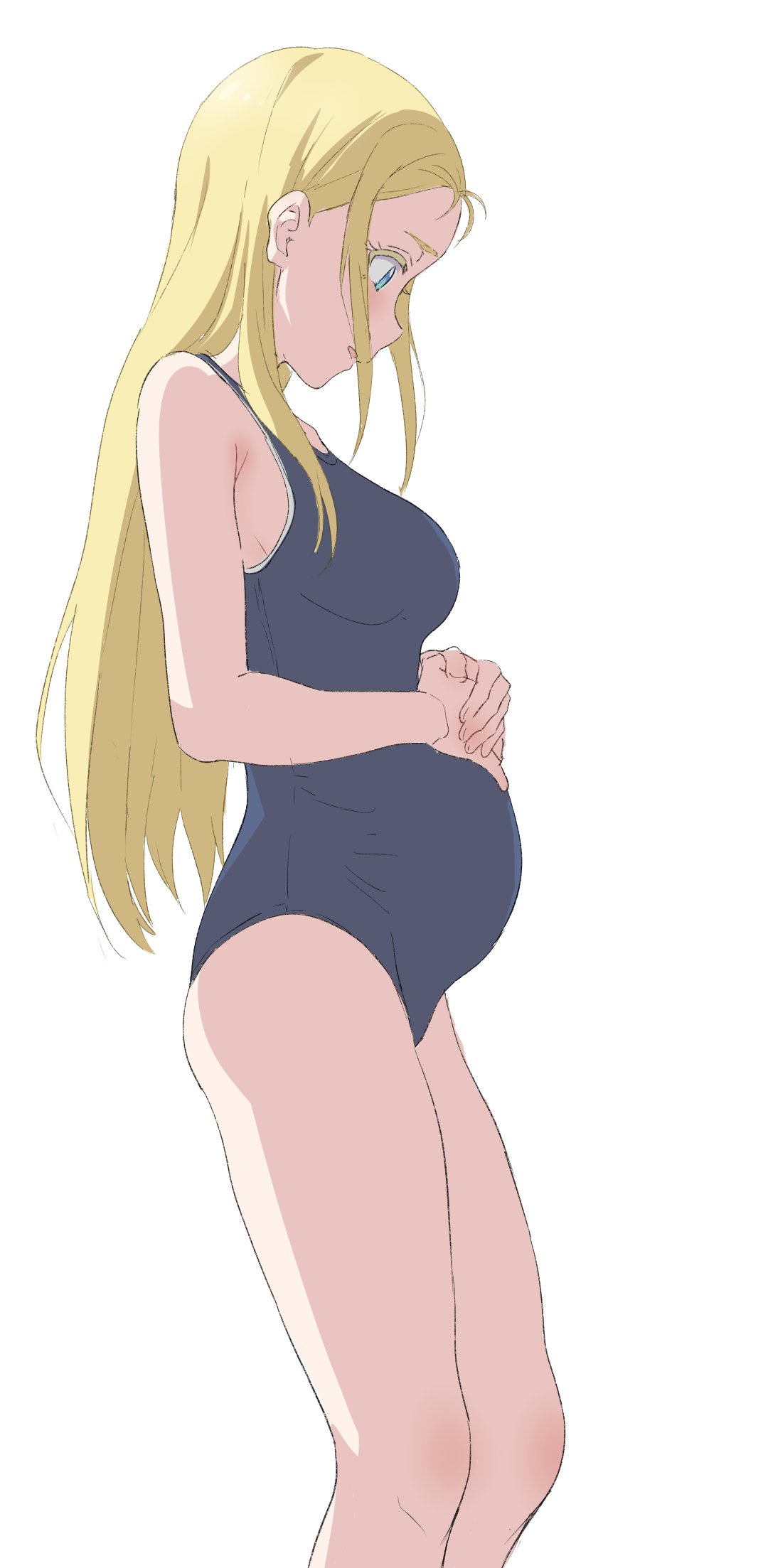1girl, bare_legs, blonde_hair, blue_eyes, blue_swimsuit, breasts, cowboy_shot, from_side, hands_on_own_stomach, highres, kofune_ushio, large_breasts, long_hair, looking_at_viewer, one-piece_swimsuit, pregnant, profile, school_swimsuit, simple_background, sincos, solo, summertime_render, swimsuit, very_long_hair, white_background