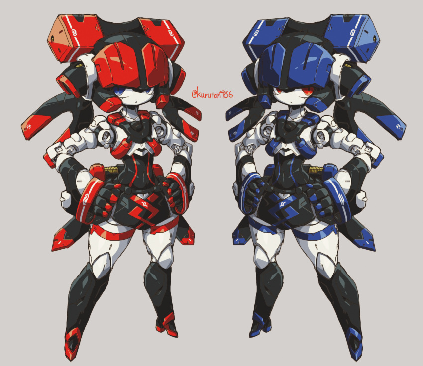 2girls, absurdres, android, blue_eyes, grey_background, hands_on_hips, highres, kuruton486