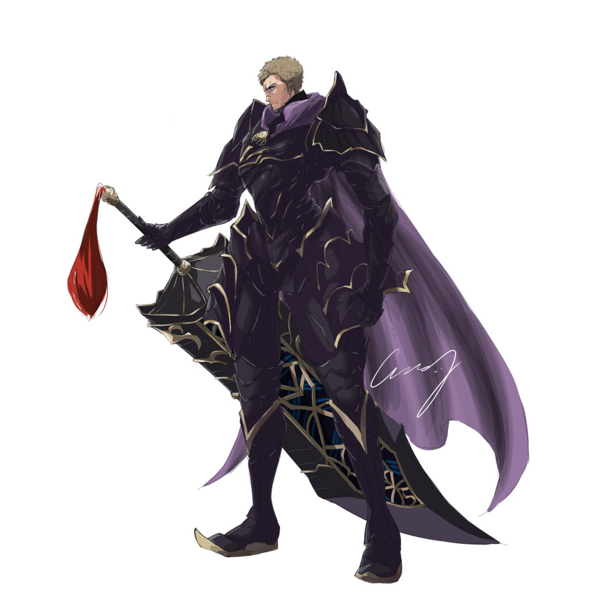 1boy, armor, black_armor, blonde_hair, blue_eyes, cape, clawed_gauntlets, crazy02oekaki