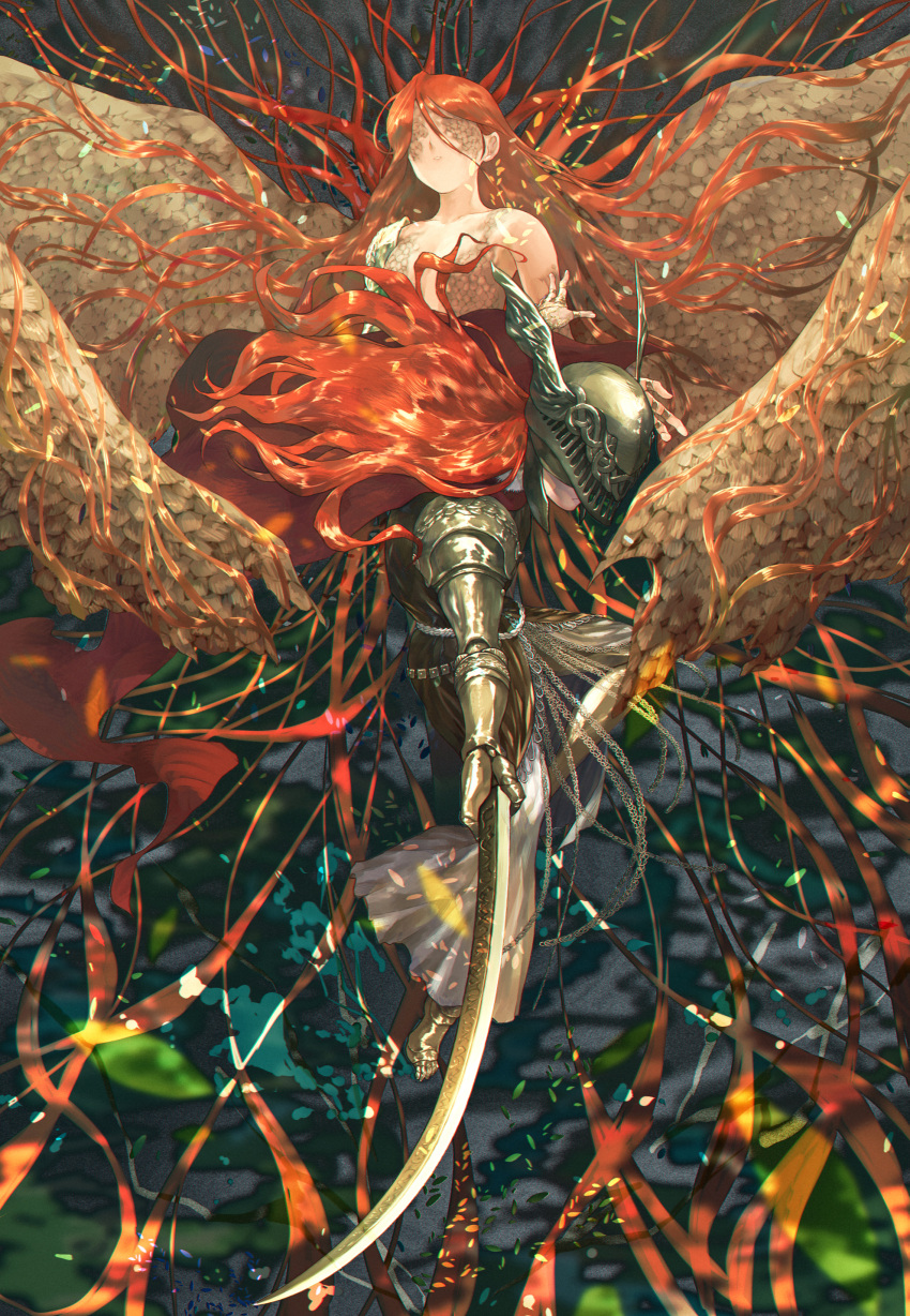 1girl, absurdres, armor, artist_request, breasts, cape, closed_mouth, covered_eyes, dress, dual_persona, elden_ring, flower, helmet, highres, holding, holding_sword, holding_weapon, kdhio, long_hair, malenia_blade_of_miquella, malenia_goddess_of_rot, mechanical_arms, prosthesis, prosthetic_arm, prosthetic_leg, red_cape, redhead, scar, simple_background, single_mechanical_arm, solo, sword, very_long_hair, weapon, winged_helmet, wings
