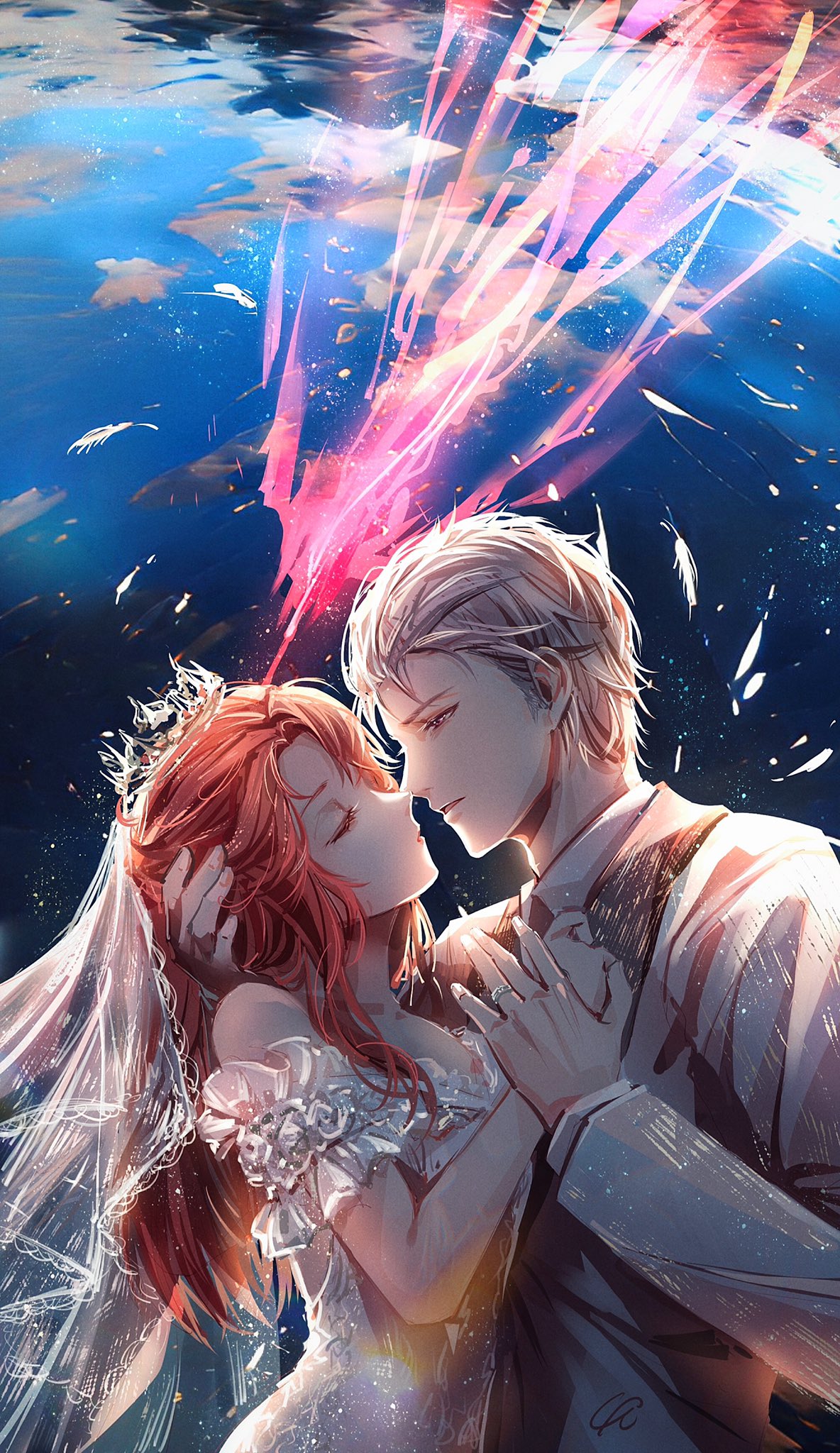 1boy, 1girl, backlighting, bridal_veil, bride, charlie_su, chinese_commentary, closed_eyes
