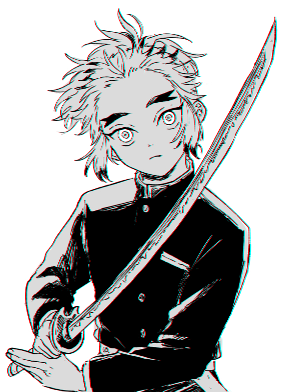 1boy, alternate_universe, demon_slayer_uniform, forked_eyebrows, frown, greyscale, holding, holding_sword