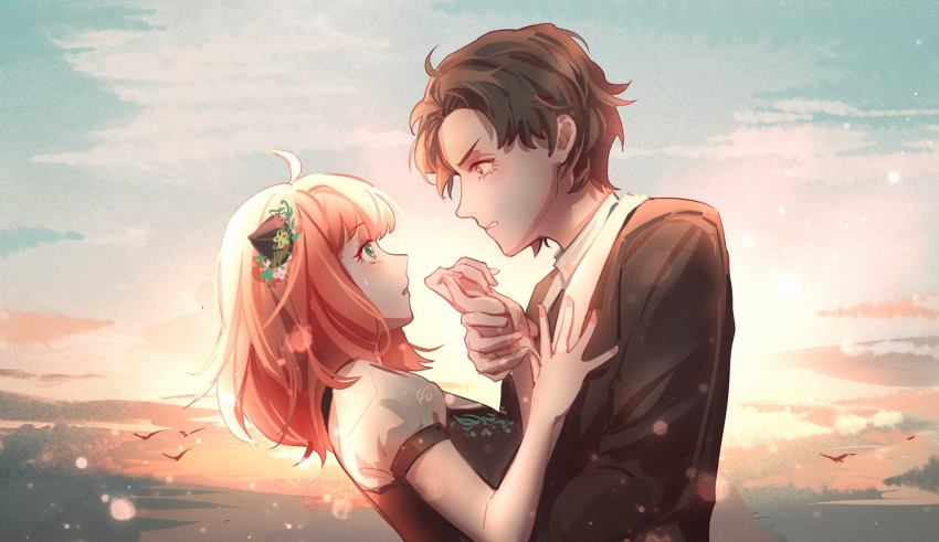 1boy, 1girl, anya_(spy_x_family), backlighting, black_dress, black_hair, black_suit, blouse