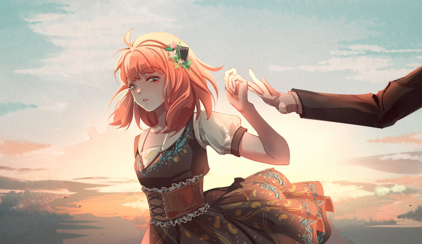 1girl, 1other, anya_(spy_x_family), backlighting, black_dress, blouse, commentary, corset