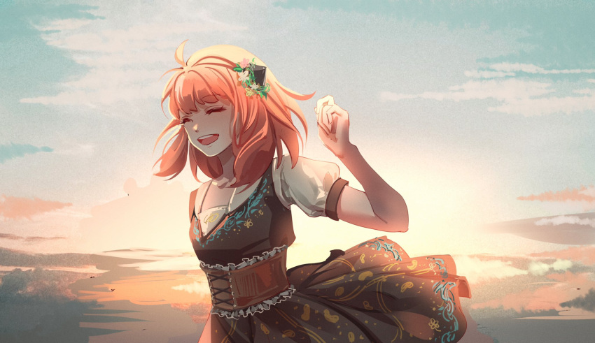 1girl, anya_(spy_x_family), backlighting, black_dress, blouse, closed_eyes, commentary, corset