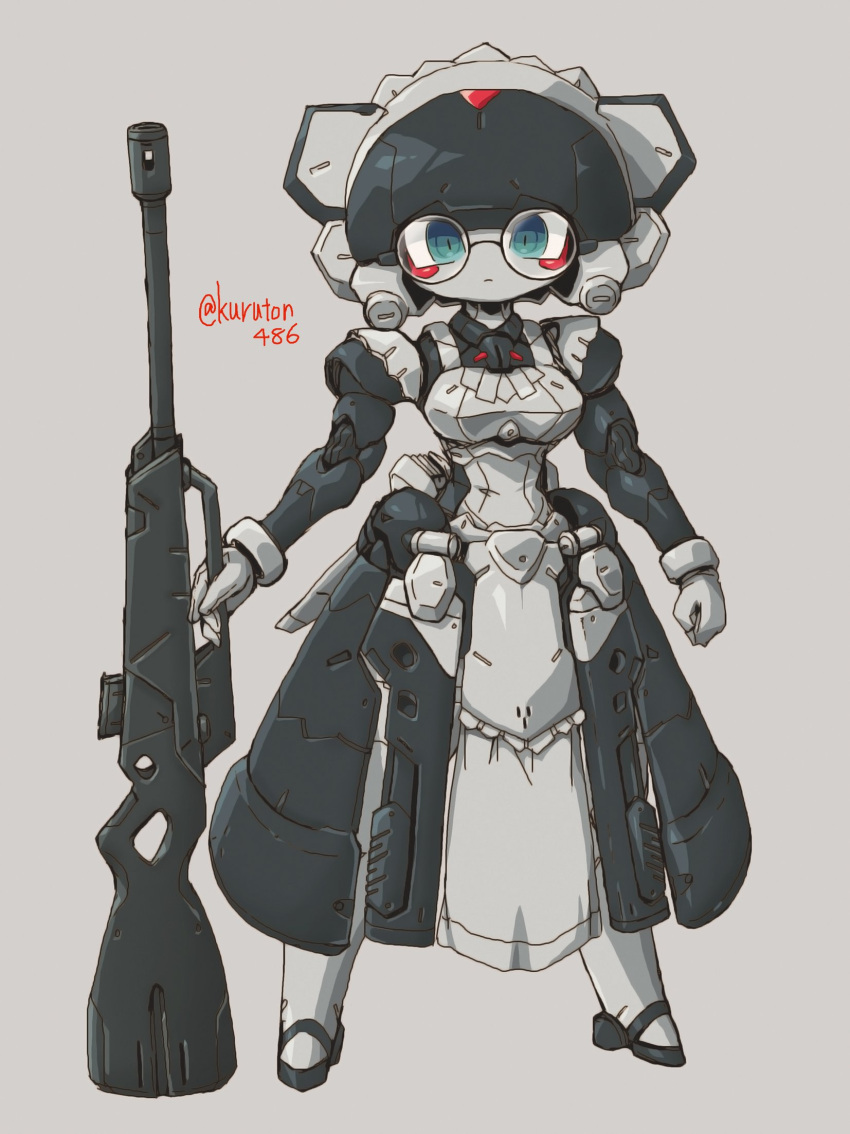 1girl, android, breasts, clenched_hand, glasses, gun, highres, holding