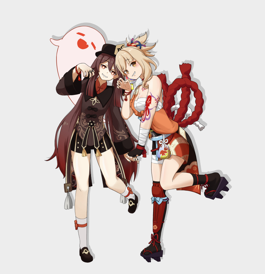 2girls, absurdres, black_nails, black_shorts, blonde_hair, brown_hair, chinese_clothes, coat