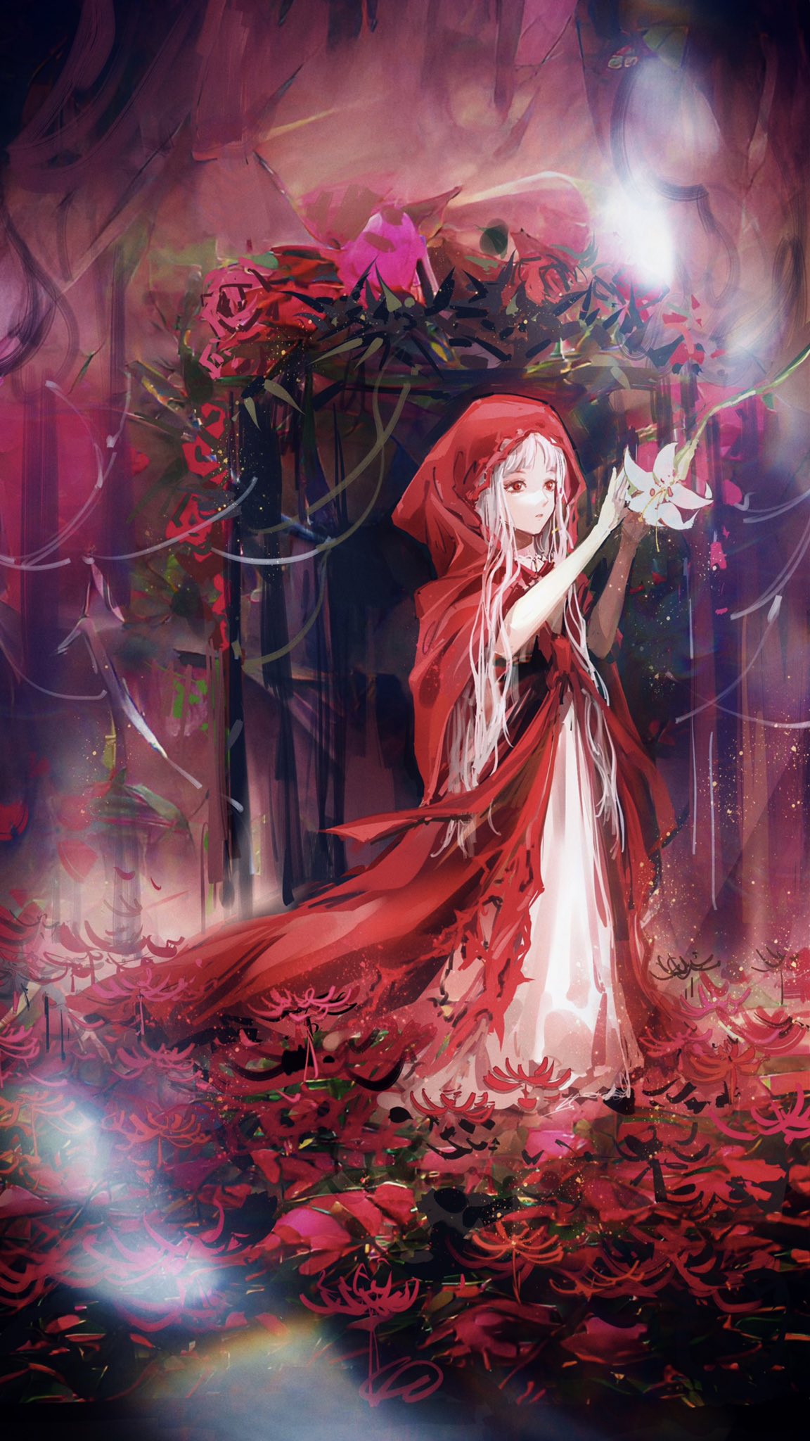 1girl, cloak, commentary, dress, elysion, emalfire0312, flower, highres