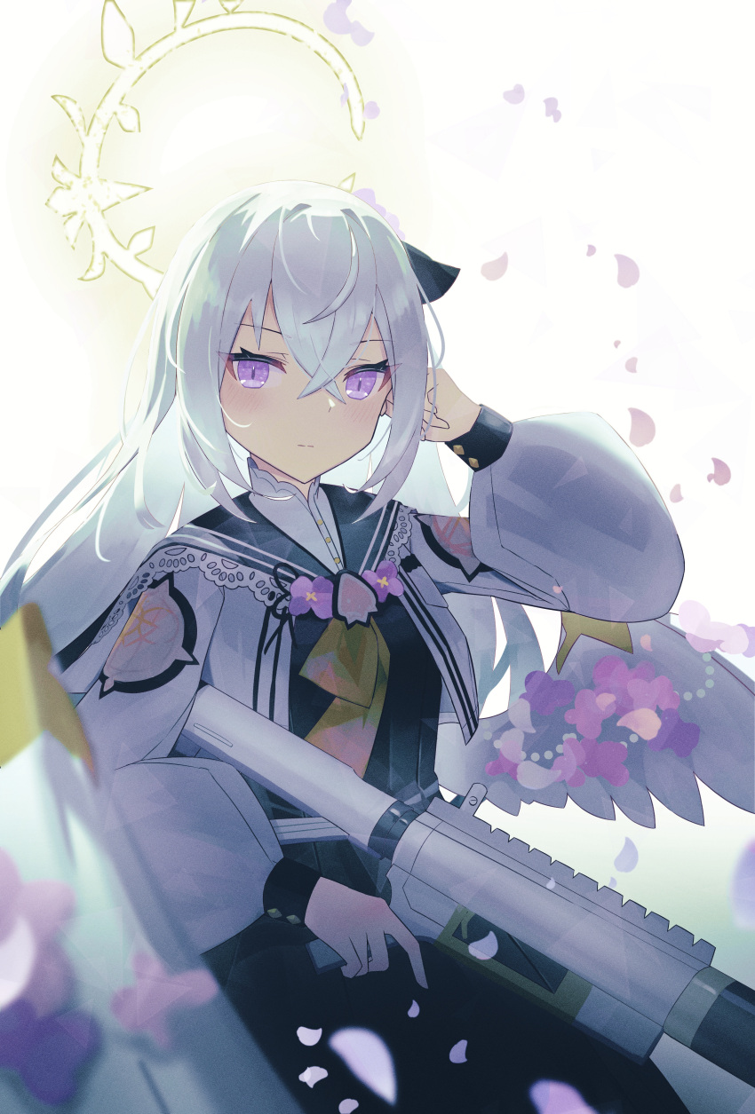 1girl, absurdres, azusa_(blue_archive), bag_(bag5843752), bangs, black_sailor_collar, black_serafuku, black_shirt, black_skirt, blue_archive, closed_mouth, commentary_request, feathered_wings, flower, gun, hair_between_eyes, halo, hand_up, highres, holding, holding_gun, holding_weapon, jacket, long_hair, long_sleeves, looking_at_viewer, open_clothes, open_jacket, pink_flower, pleated_skirt, puffy_long_sleeves, puffy_sleeves, purple_flower, sailor_collar, school_uniform, serafuku, shirt, skirt, solo, very_long_hair, violet_eyes, weapon, white_jacket, white_wings, wings