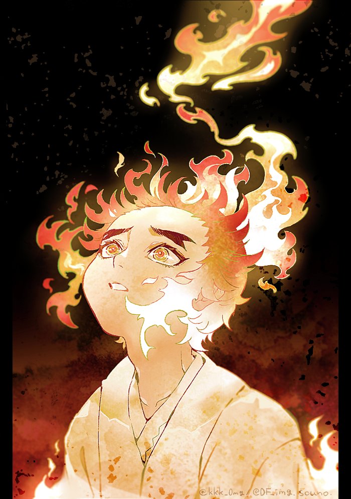 1boy, ashes, blonde_hair, burning, fiery_hair, fire, forked_eyebrows, japanese_clothes