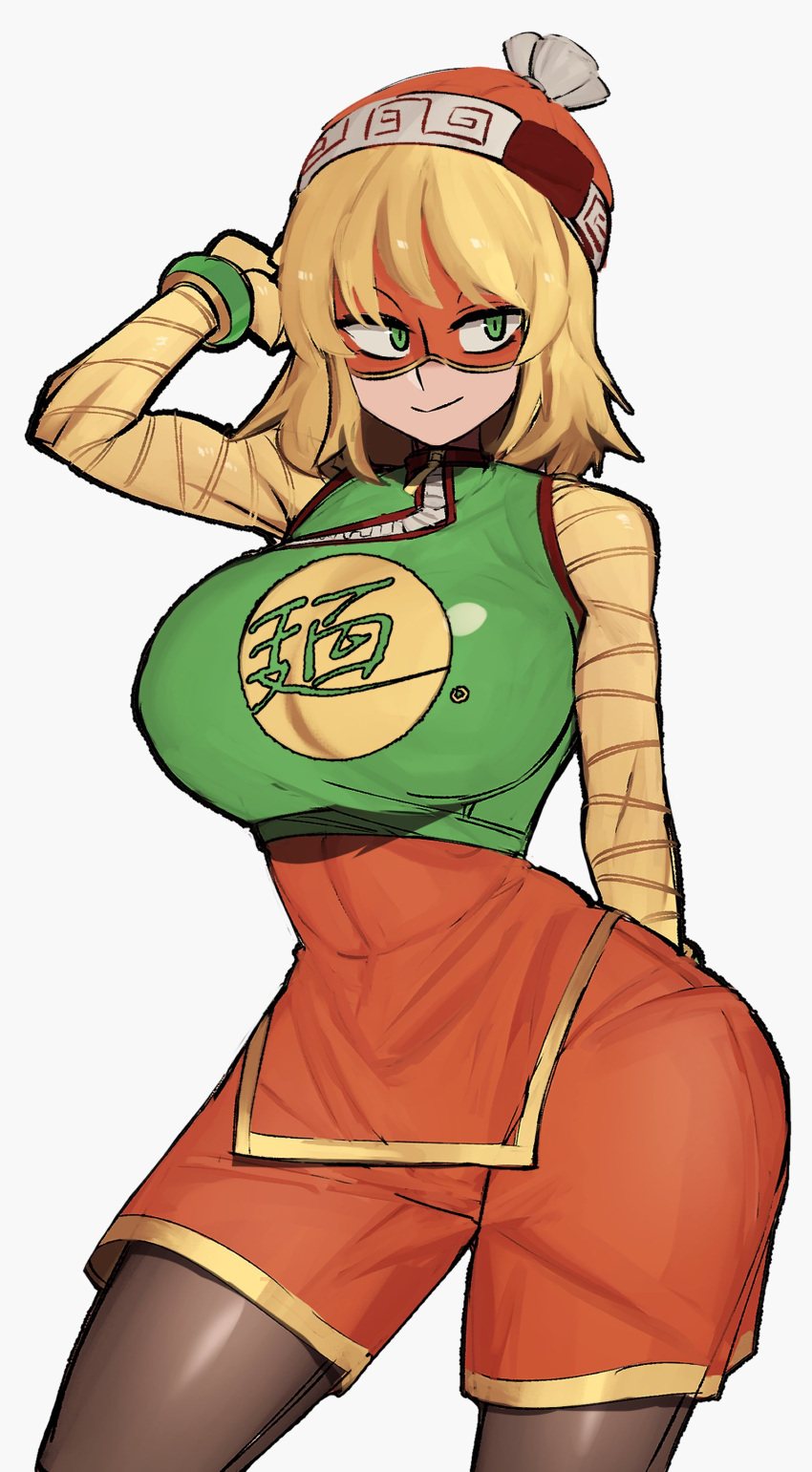 1girl, absurdres, arms_(game), bangs, beanie, blonde_hair, blunt_bangs, breasts, chinese_clothes, domino_mask, food, green_eyes, hat, highres, knit_hat, leggings, legwear_under_shorts, looking_at_viewer, mano_(manobece), mask, min_min_(arms), noodles, short_hair, shorts, simple_background, smile, solo