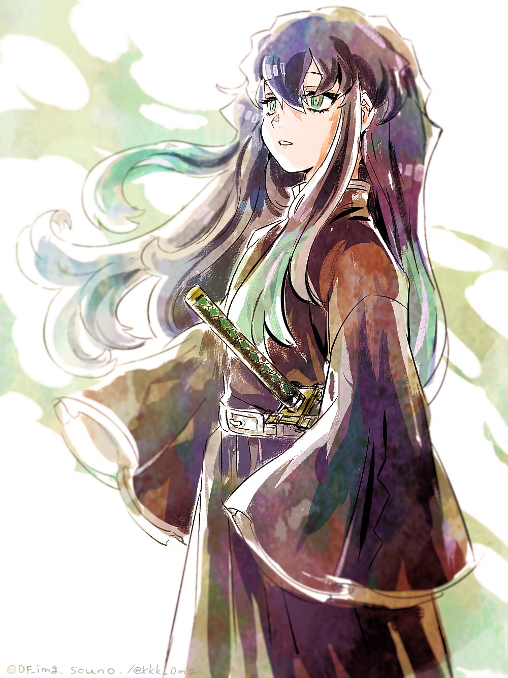 1boy, arms_at_sides, bangs, belt, black_hair, black_pants, cowboy_shot, demon_slayer_uniform