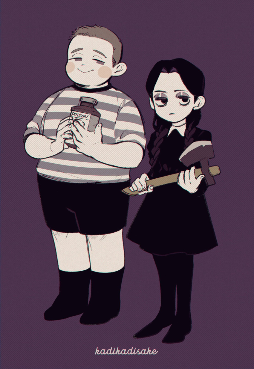 :>, addams_family, axe, black_dress, black_footwear, black_hair, black_shorts, blush