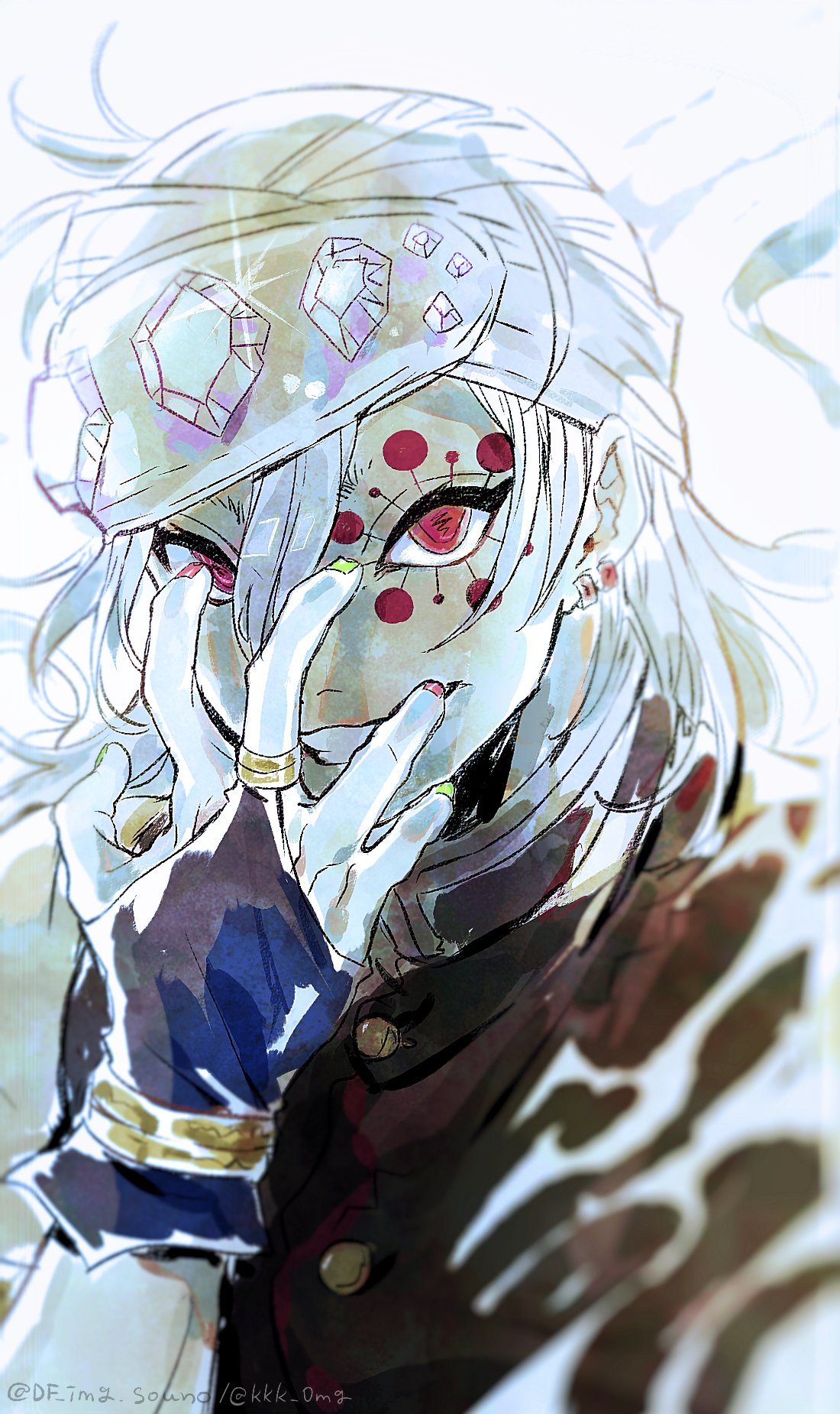 1boy, blurry, bracelet, bridal_gauntlets, crystal, demon_slayer_uniform, depth_of_field, facial_mark