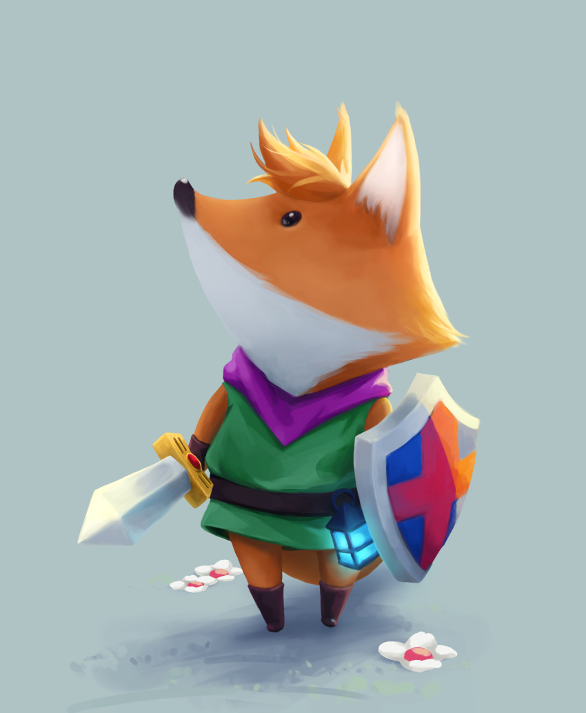 1other, absurdres, animal_ears, animal_nose, belt, black_belt, black_eyes, blue_fire, boots, brown_footwear, brown_gloves, chibi, english_commentary, fire, fox_ears, fox_tail, furry, gloves, green_tunic, hair_tuft, highres, holding, holding_shield, holding_sword, holding_weapon, lantern, ldan, looking_up, neckerchief, no_mouth, orange_fur, orange_hair, purple_neckerchief, ruin_seeker, shield, solo, standing, sword, tail, tunic, tunic_(game), weapon