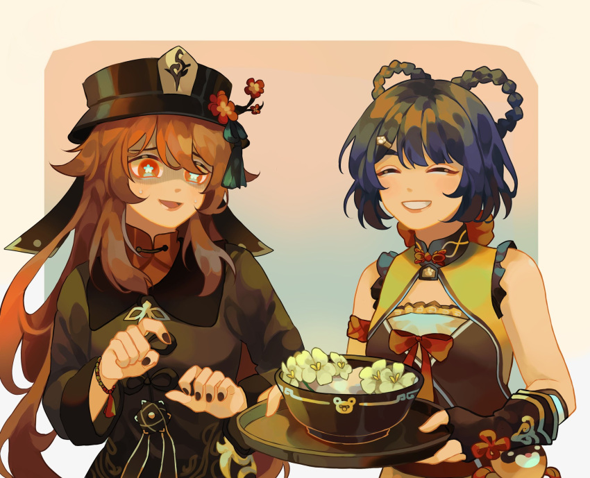 2girls, black_nails, blue_hair, brown_hair, chinese_clothes, closed_eyes, coat, flower