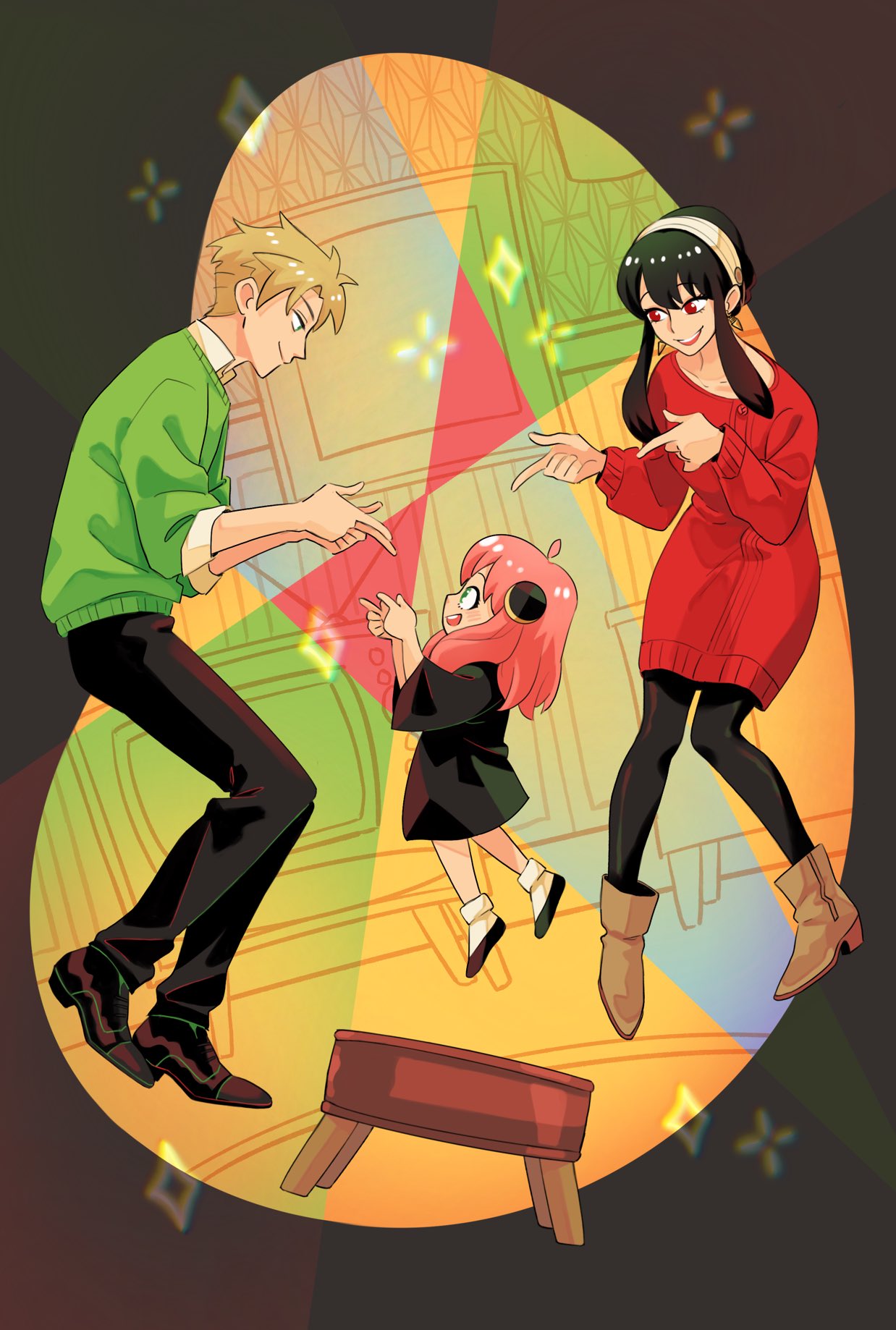 1boy, 2girls, anya_(spy_x_family), black_dress, black_footwear, black_hair, black_pants, blonde_hair, blush, boots, brown_footwear, closed_mouth, commentary, dress, earrings, english_commentary, ginkoseed, green_eyes, green_sweater, hair_ornament, hairband, hairpods, highres, jewelry, long_sleeves, looking_at_another, medium_hair, multiple_girls, open_mouth, pants, pink_hair, pointing_at_another, red_dress, shoes, short_hair, sidelocks, smile, socks, spy_x_family, stool, sweater, sweater_dress, twilight_(spy_x_family), white_hairband, yor_briar