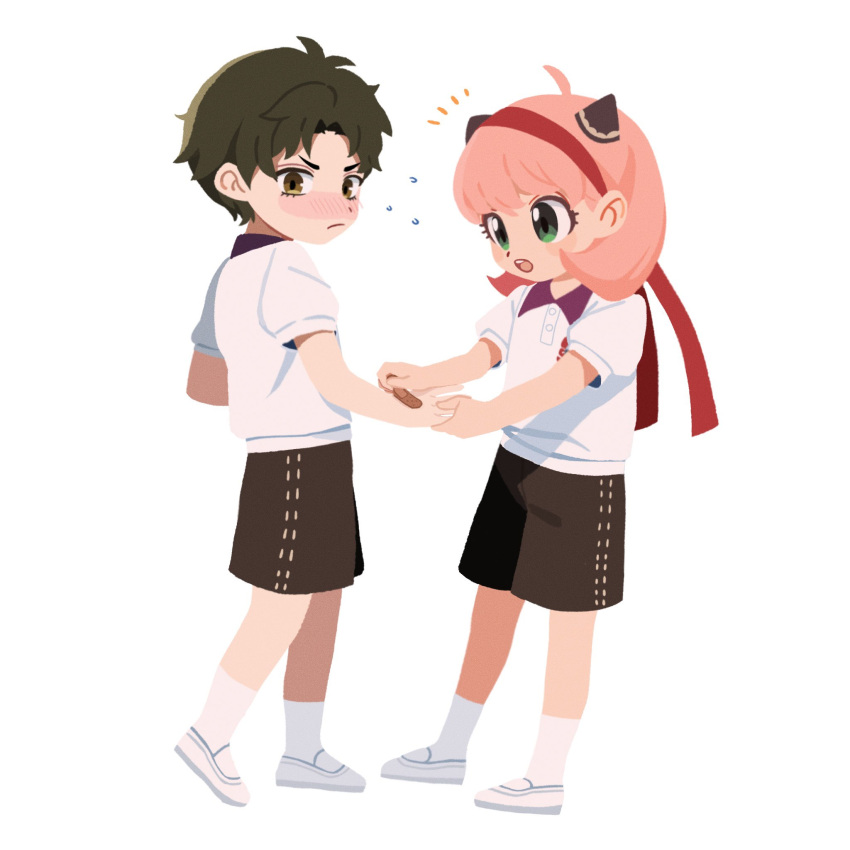 1boy, 1girl, anya_(spy_x_family), applying_bandaid, bandaid, bandaid_on_hand, black_hair, black_shorts