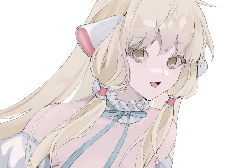 1girl, bare_shoulders, blonde_hair, blue_ribbon, brown_eyes, cali_kki, chii, chobits, choker, frilled_choker, frills, grin, hair_tubes, highres, long_hair, looking_at_viewer, open_mouth, puffy_sleeves, ribbon, robot_ears, smile, solo, upper_body, white_background