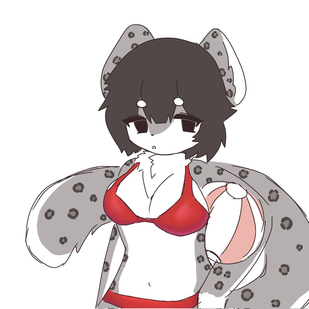 animal_ears, animal_print, ball, beachball, bikini, black_eyes, breasts, furry, ghwost, grey_fur, leopard_ears, leopard_girl, leopard_print, leopard_tail, neck_fur, open_mouth, original, red_bikini, short_hair, swimsuit, tail, thick_eyelashes, white_background, white_fur