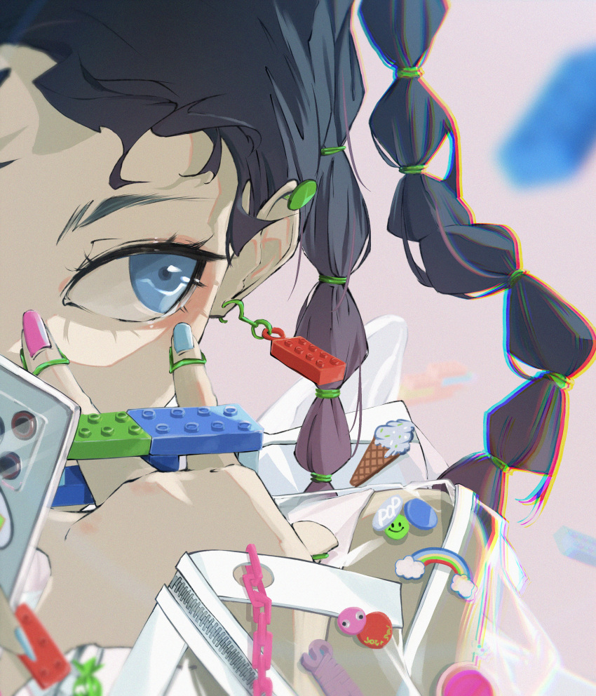 1girl, absurdres, blue_eyes, blurry, blurry_background, braid, daichi, food