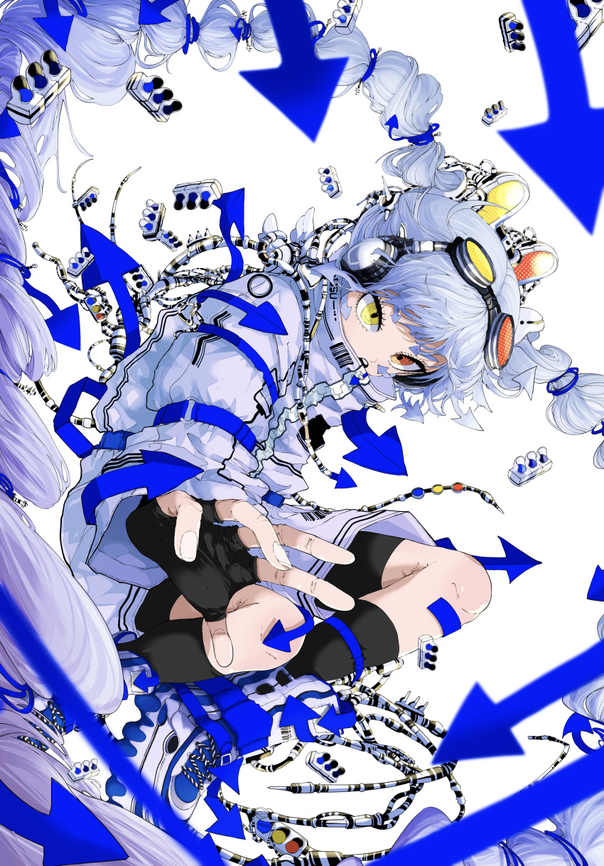 1girl, absurdly_long_hair, absurdres, arrow_(symbol), black_gloves, blue_hair, fingerless_gloves, gloves