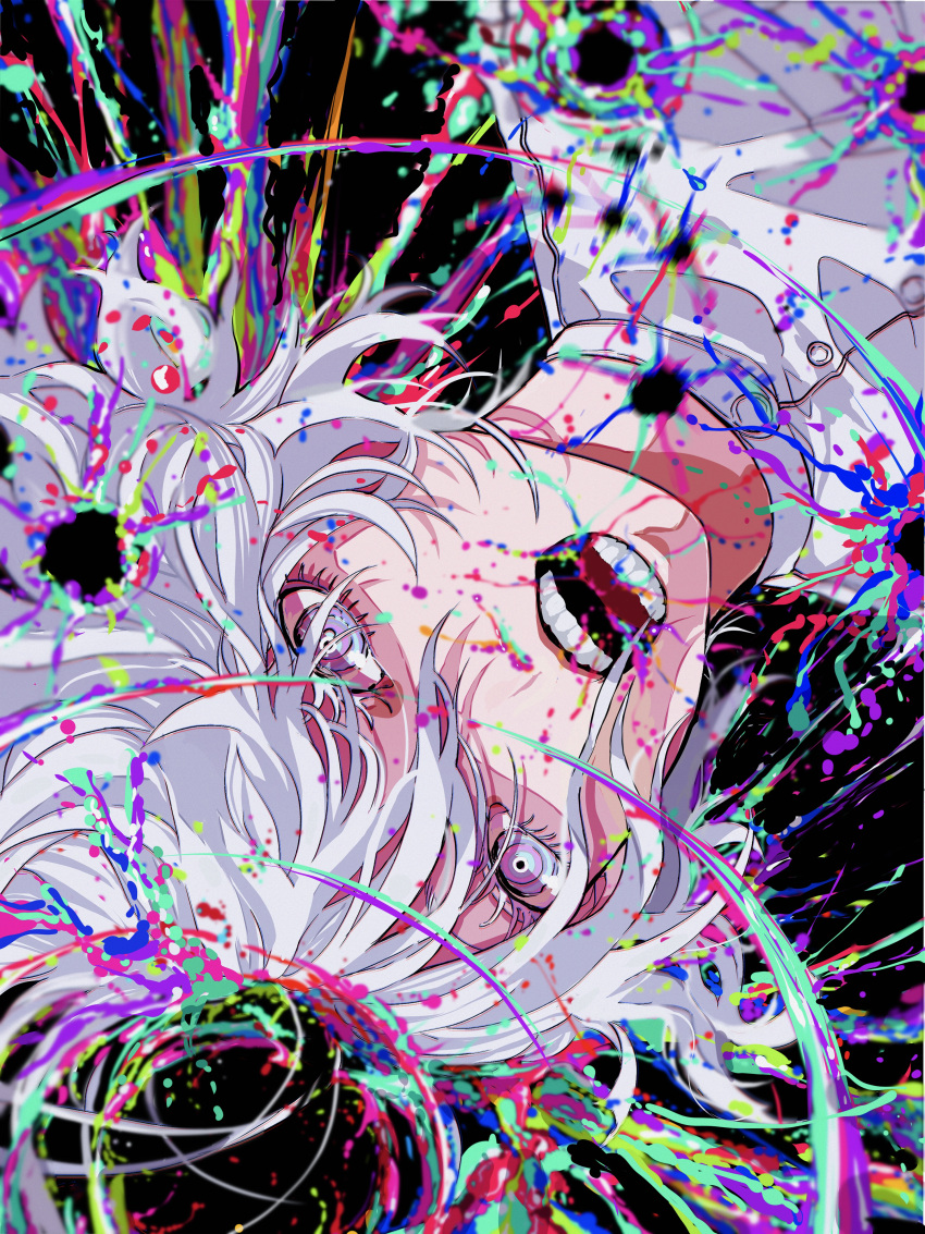 1boy, absurdres, black_background, bullet_hole, colorful, highres, open_mouth, original