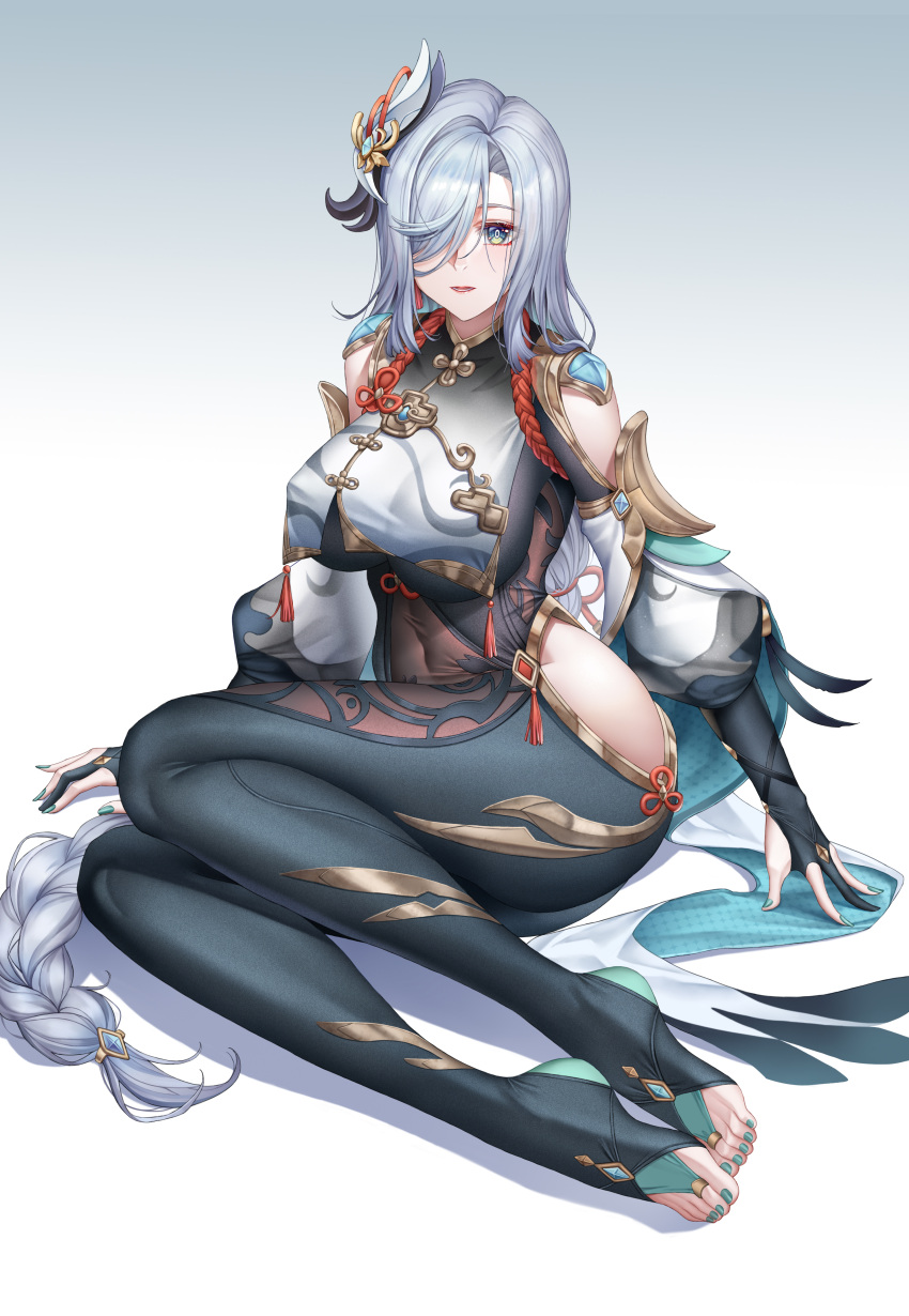 1girl, absurdres, bangs, black_bodysuit, blue_eyes, bodysuit, braid, braided_ponytail, breast_curtain, breasts, brown_bodysuit, chinese_clothes, chinese_knot, clothing_cutout, covered_navel, earrings, feet, genshin_impact, gloves, gradient_eyes, grey_hair, hair_ornament, hair_over_one_eye, high_heels, highres, jewelry, kuji-in, large_breasts, long_hair, multicolored_eyes, nail_polish, partially_fingerless_gloves, shenhe_(genshin_impact), shoulder_cutout, sidelocks, skin_tight, tassel, tassel_earrings, thigh_cutout, thighs, toeless_footwear, toenail_polish, toenails, toes, very_long_hair, white_hair, yf_(hbyg)