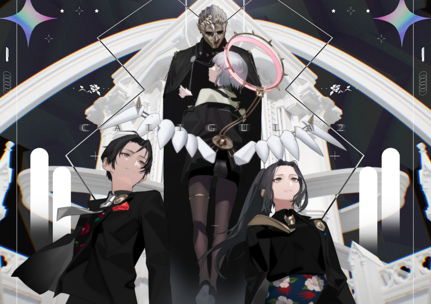 2boys, 2girls, abstract_background, blazer, bluffman_(caligula_2), caligula_2, cape, female_protagonist_(caligula_2)