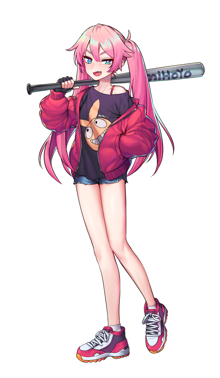 1girl, :d, absurdres, aluminum_bat, bangs, baseball_bat, black_gloves, black_shirt, blue_shorts, casual, denim, denim_shorts, fang, fingerless_gloves, gloves, highres, holding, holding_baseball_bat, homu_(honkai_impact), honkai_(series), honkai_impact_3rd, jacket, kam-ja, long_hair, long_sleeves, looking_at_viewer, open_mouth, pink_hair, red_jacket, rozaliya_olenyeva, shirt, shoes, shorts, simple_background, smile, sneakers, solo, standing, twintails, white_background