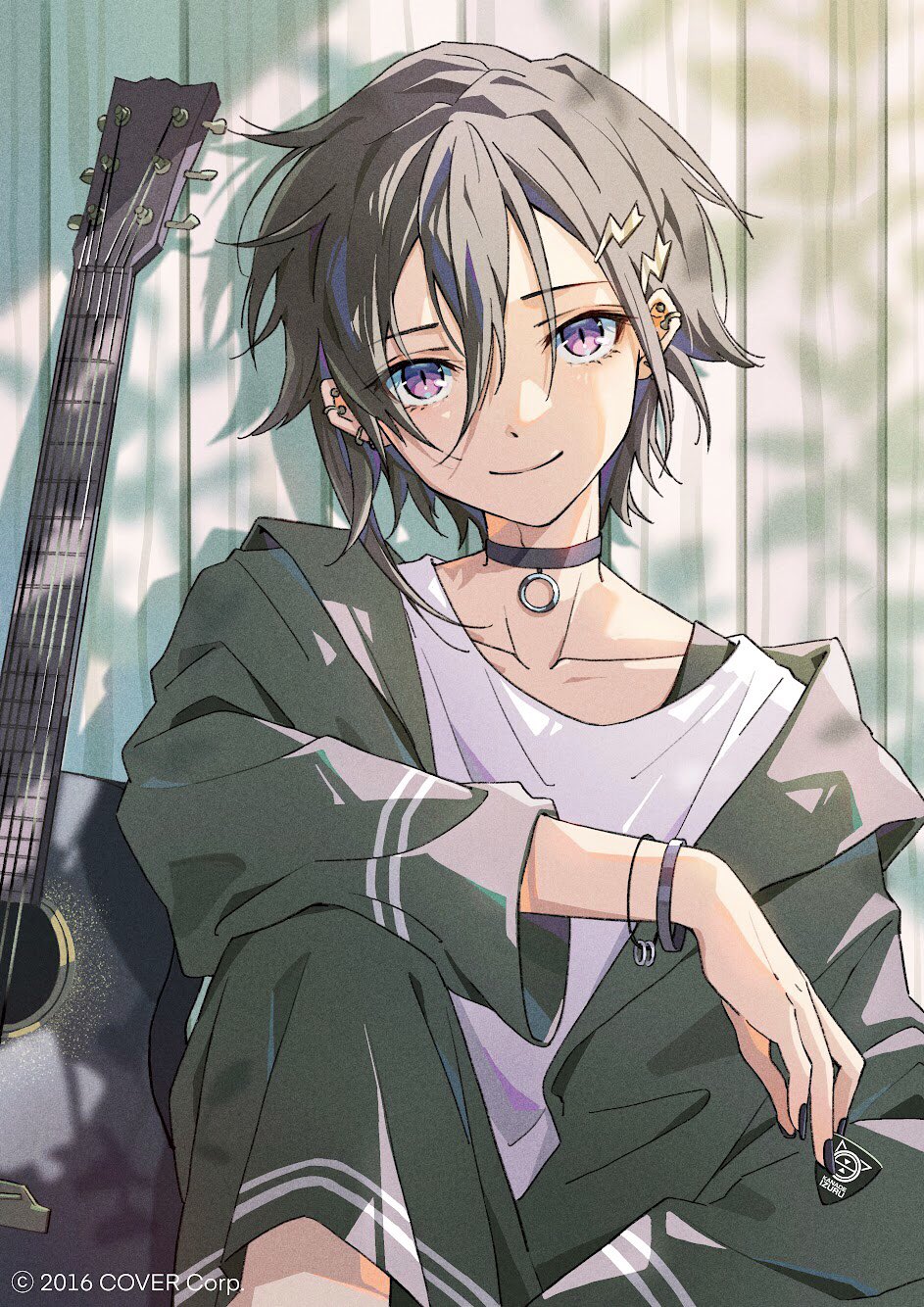 1boy, acoustic_guitar, alternate_costume, arm_rest, black_choker, black_hair, black_nails, bracelet