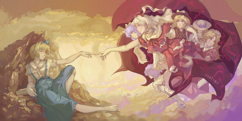 6+girls, absurdres, alice_margatroid, alice_margatroid_(pc-98), artist_name, black_headwear, blonde_hair, blue_hairband