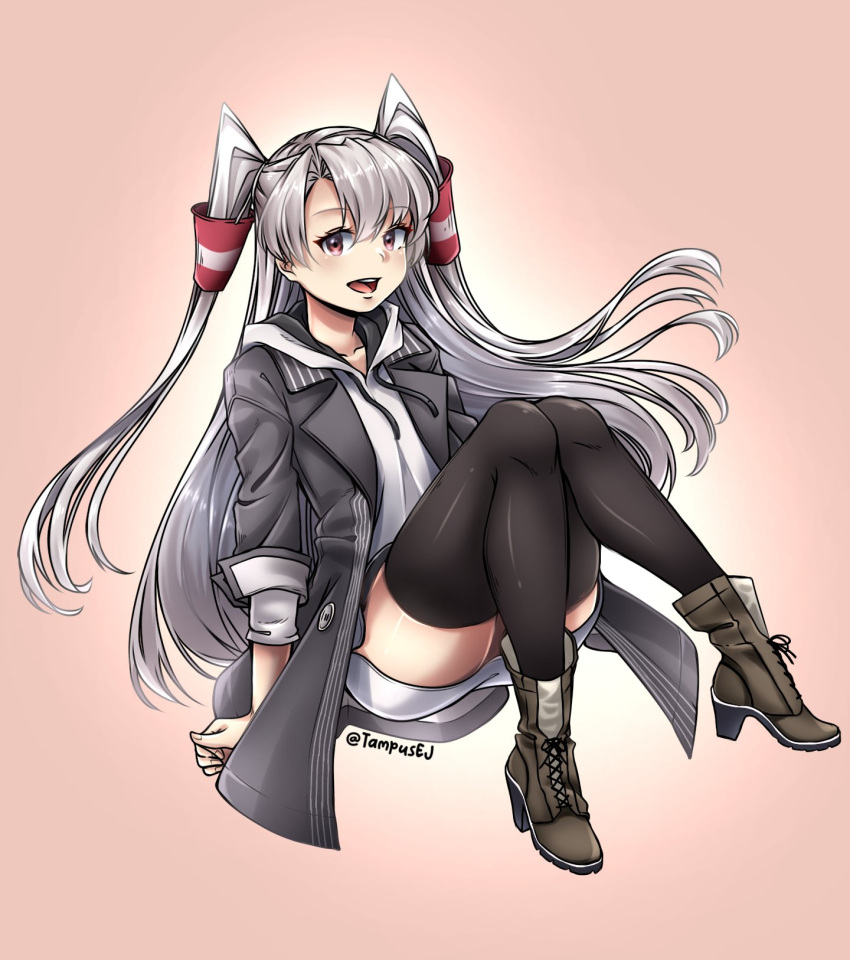 1girl, amatsukaze_(kancolle), black_legwear, boots, brown_footwear, coat, grey_coat, grey_hair