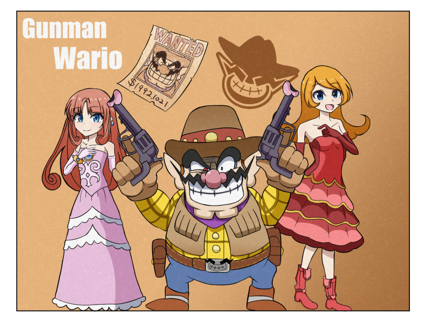 bai_53, blue_eyes, boots, cowboy_hat, dress, gun, hat, highres, mona_(warioware), orange_hair, pink_dress, princess_shokora, red_dress, red_footwear, shokora-hime, wario, wario_land, warioware, weapon