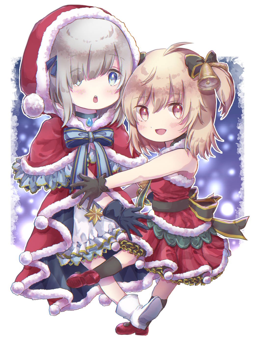 2girls, :d, :o, ahoge, ayano_rika, ayano_rika_(christmas_ver.), bangs, bare_arms