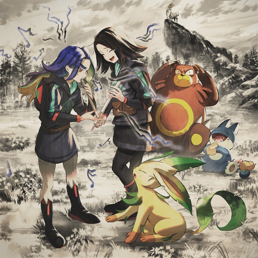 1boy, 1girl, :d, adaman_(pokemon), berry_(pokemon), black_footwear, blue_hair, boots