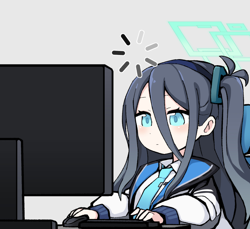 1girl, arisu_(blue_archive), bangs, black_hair, blue_archive, blue_eyes, commentary_request, computer
