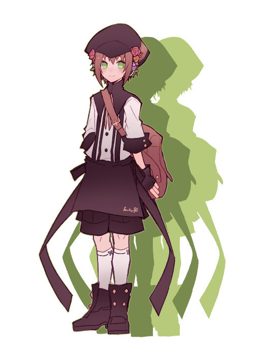 1bitheart, 1boy, androgynous, apron, boots, brown_apron, brown_bag, brown_footwear