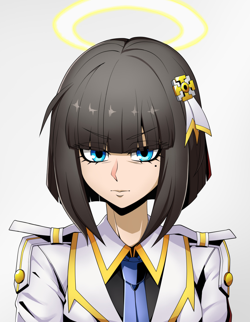 1girl, absurdres, bangs, black_hair, blue_eyes, blue_necktie, blunt_bangs, bob_cut