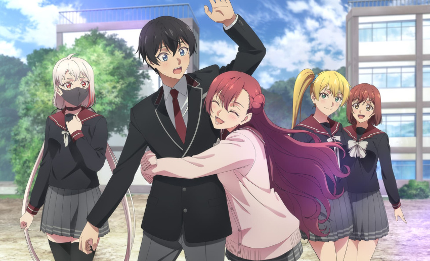 1boy, 4girls, ahoge, asymmetrical_bangs, bangs, black_hair, black_jacket, black_legwear