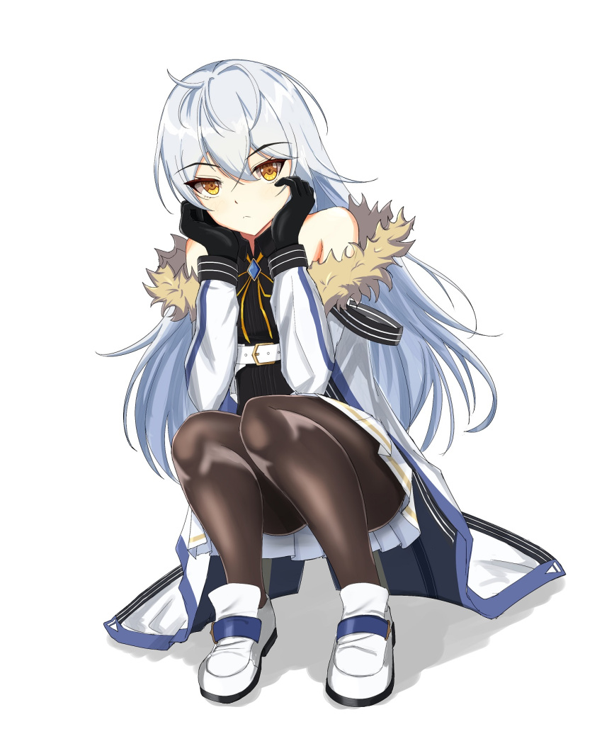 1girl, bare_shoulders, belt, belt_buckle, black_gloves, black_legwear, buckle, closed_mouth
