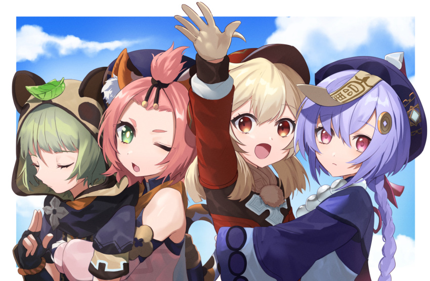 4girls, ahoge, animal_ears, arm_up, bangs, bangs_pinned_back, black_skirt, blue_sky