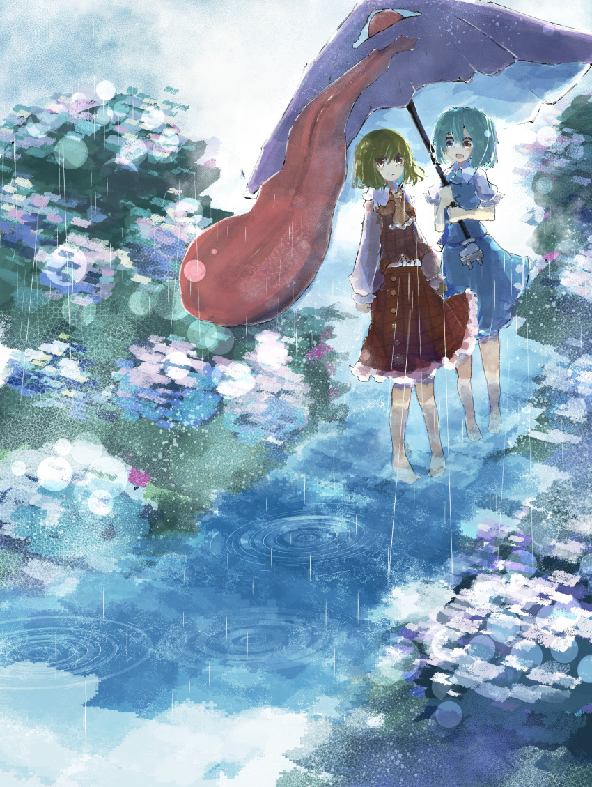 2girls, :d, absurdres, aqua_hair, ascot, bangs, barefoot, blue_eyes