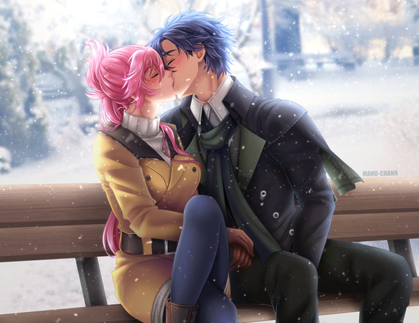 1boy, 1girl, absurdres, belt, bench, blue_hair, blush, boots