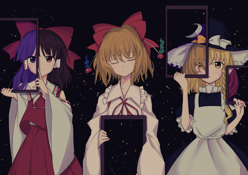 3girls, :o, absurdres, apron, ascot, bangs, black_background, black_dress, black_hair, black_headwear, blonde_hair, bow, braid, closed_eyes, closed_mouth, cowboy_shot, crescent, crescent_hat_ornament, detached_sleeves, dress, embers, embodiment_of_scarlet_devil, expressionless, frilled_hat, frilled_shirt_collar, frilled_sleeves, frills, hair_bow, hair_tubes, hakurei_reimu, hakurei_reimu_(pc-98), hat, hat_bow, hat_ornament, head_tilt, highres, holding_frame, kirisame_marisa, kirisame_marisa_(pc-98), long_hair, long_sleeves, looking_at_viewer, medium_hair, multiple_girls, puffy_short_sleeves, puffy_sleeves, purple_hair, red_ascot, red_bow, red_eyes, red_ribbon, red_skirt, red_vest, ribbon, ribbon-trimmed_sleeves, ribbon_trim, satsuki_rin, short_hair, short_sleeves, single_braid, skirt, touhou, touhou_(pc-98), uzumibi, vest, violet_eyes, white_apron, white_bow, white_dress, wide_sleeves, witch_hat, yellow_bow, yellow_eyes