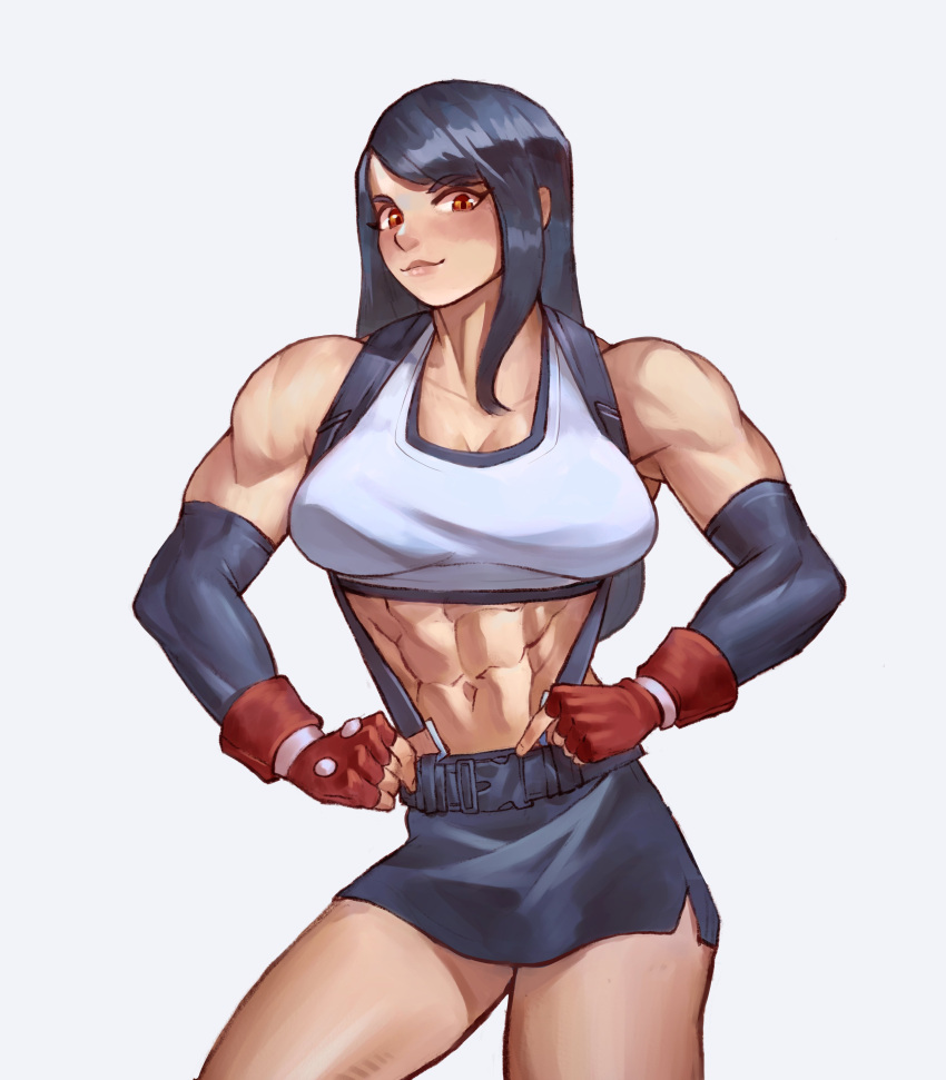 1girl, abs, absurdres, belt, black_hair, breasts, elbow_sleeve, encariah1, final_fantasy, final_fantasy_vii, gloves, hand_on_hip, highres, large_breasts, long_hair, muscular, muscular_female, skirt, solo, suspender_skirt, suspenders, tank_top, tifa_lockhart, white_background